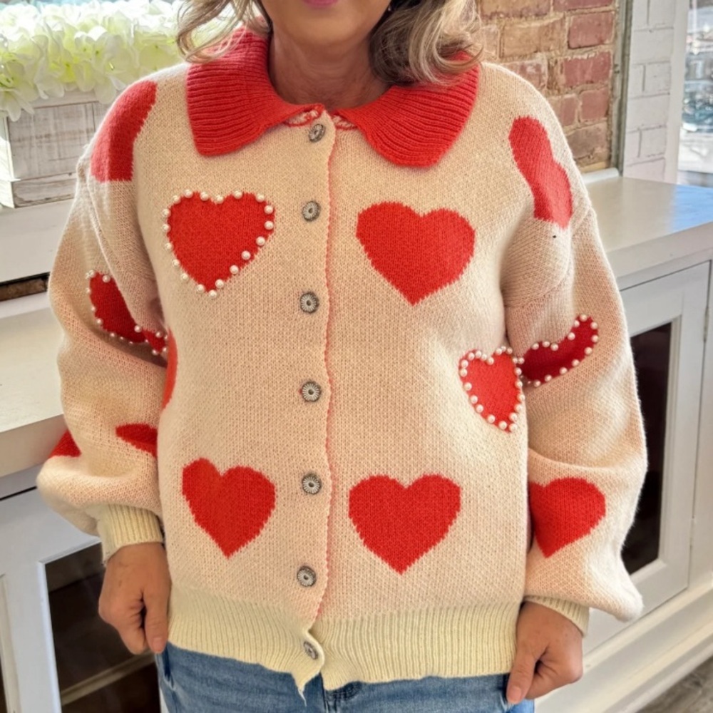 POL Orange And White  Heart Cardigan Sweater With Pearls Size Small NWOT